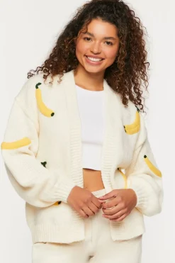 Banana Print Open-Front Cardigan Sweater