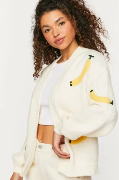 Banana Print Open-Front Cardigan Sweater