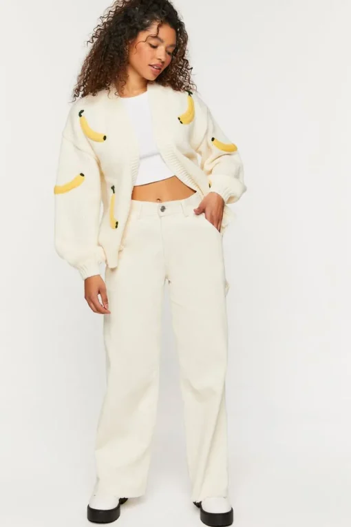 Banana Print Open-Front Cardigan Sweater