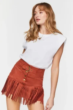 Belted Faux Suede Fringe Mini Skirt