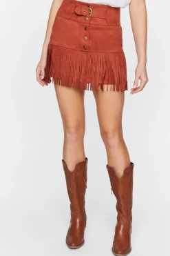 Belted Faux Suede Fringe Mini Skirt