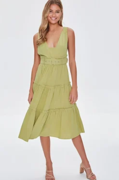 Belted Plunging Flounce Dress