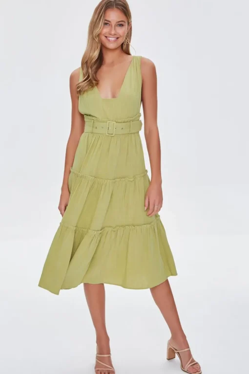 Belted Plunging Flounce Dress