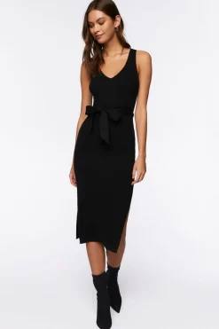 Belted Ribbed M-Slit Midi Dress
