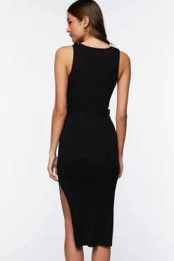 Belted Ribbed M-Slit Midi Dress