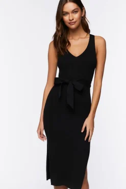 Belted Ribbed M-Slit Midi Dress
