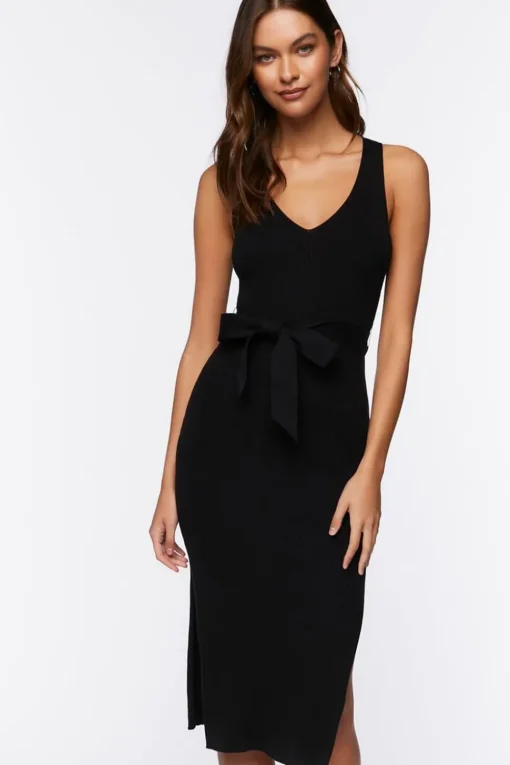 Belted Ribbed M-Slit Midi Dress
