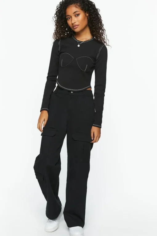 Bustier-Stitched Long-Sleeve Top