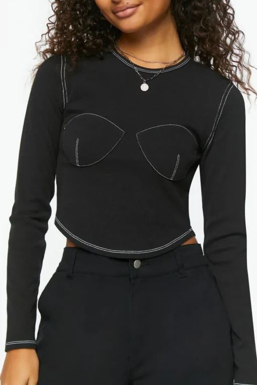 Bustier-Stitched Long-Sleeve Top