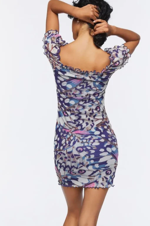 Butterfly Print Mesh Mini Dress