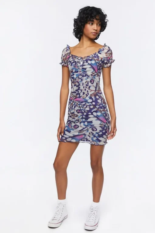 Butterfly Print Mesh Mini Dress