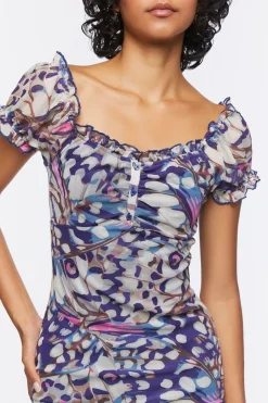 Butterfly Print Mesh Mini Dress
