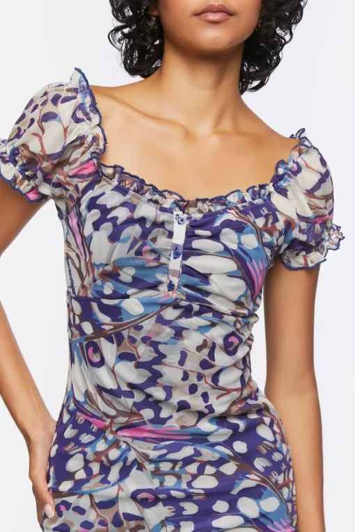 Butterfly Print Mesh Mini Dress