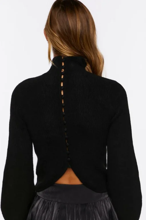 Button-Loop Mock Neck Sweater