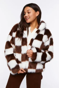 Checkered Faux Fur Coat