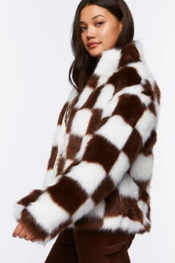 Checkered Faux Fur Coat