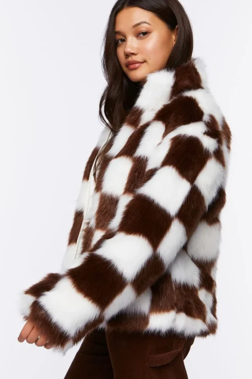 Checkered Faux Fur Coat