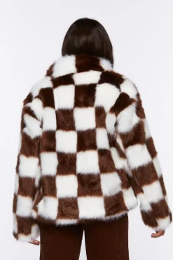 Checkered Faux Fur Coat
