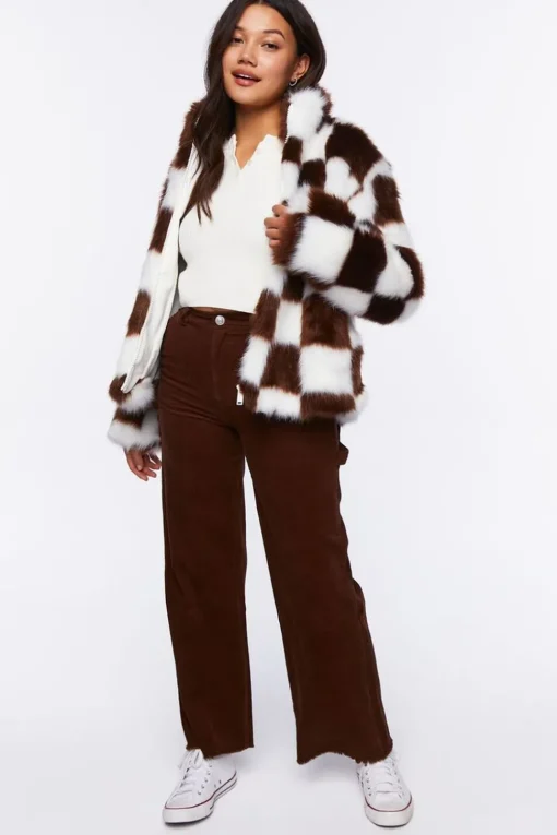 Checkered Faux Fur Coat