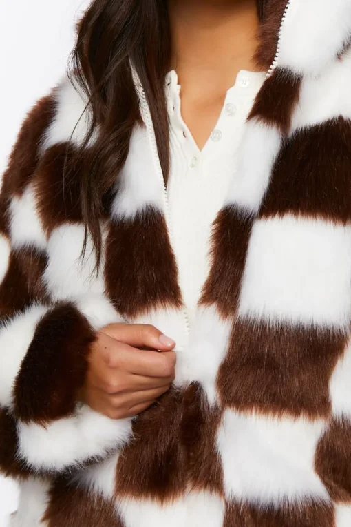 Checkered Faux Fur Coat