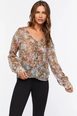 Chiffon Floral Print Lace-Up Top