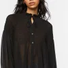 Chiffon Smocked Balloon-Sleeve Shirt