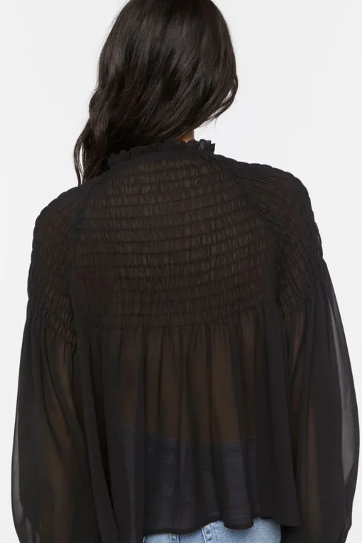 Chiffon Smocked Balloon-Sleeve Shirt