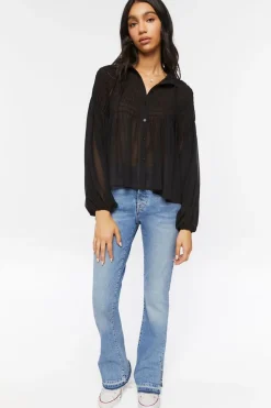 Chiffon Smocked Balloon-Sleeve Shirt