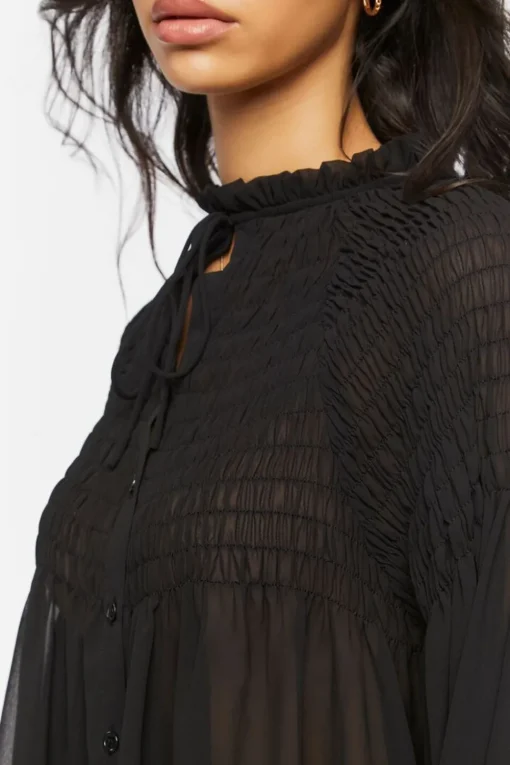 Chiffon Smocked Balloon-Sleeve Shirt