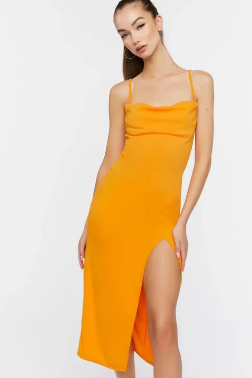 Cowl Neck Slit Midi Dress