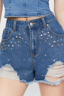 Distressed Rhinestone Denim Shorts