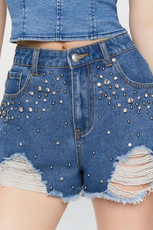 Distressed Rhinestone Denim Shorts