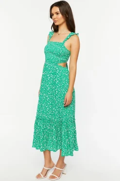 Ditsy Floral Ruffled Cutout Midi Dress