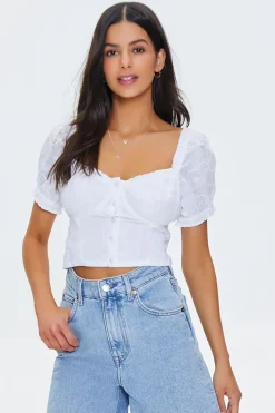 Embroidered Ruffle-Trim Crop Top