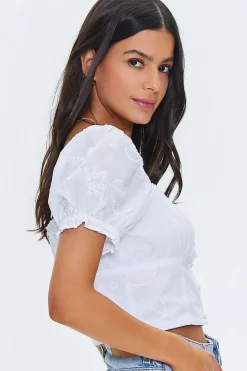 Embroidered Ruffle-Trim Crop Top