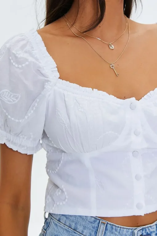 Embroidered Ruffle-Trim Crop Top