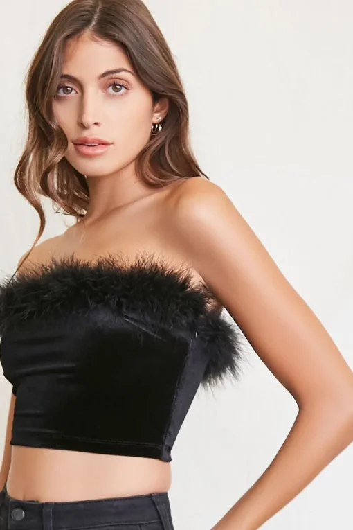 Faux Feather-Trim Tube Top