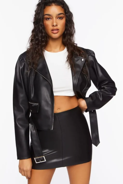 Faux Leather Belted Moto Jacket