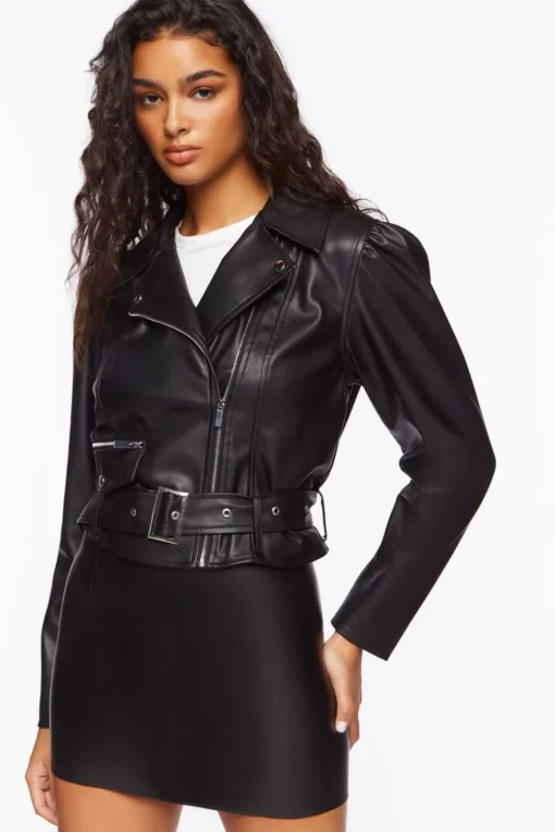 Faux Leather Belted Moto Jacket