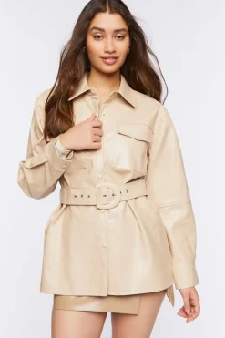 Faux Leather Belted Trench Jacket
