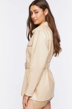Faux Leather Belted Trench Jacket