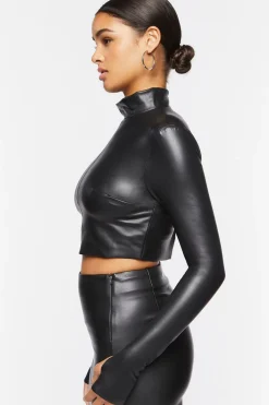Faux Leather Mock Neck Crop Top