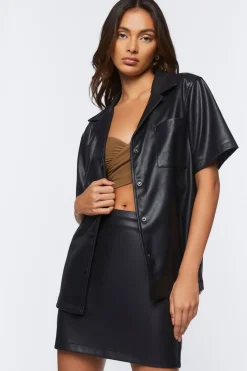 Faux Leather Shirt & Mini Skirt Set