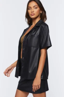Faux Leather Shirt & Mini Skirt Set