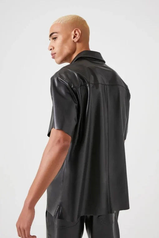 Faux Leather Short-Sleeve Shirt