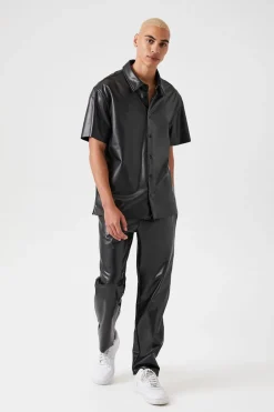 Faux Leather Short-Sleeve Shirt