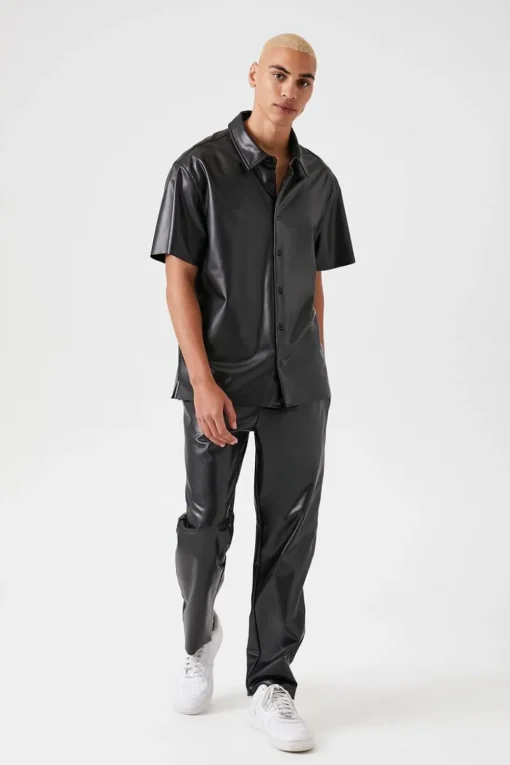 Faux Leather Short-Sleeve Shirt