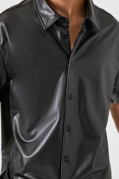 Faux Leather Short-Sleeve Shirt