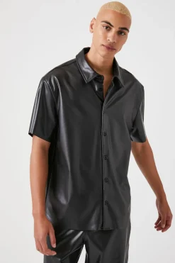 Faux Leather Short-Sleeve Shirt