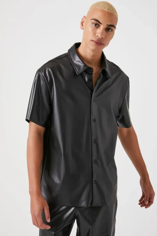 Faux Leather Short-Sleeve Shirt